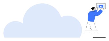 Bulut depolama, dijital veri ve çevrimiçi paylaşımı sembolize eden büyük bir bulutun yanında içeriği olan bir cihaz tutan adam. Teknoloji, sayısallaştırma, veri depolama, bulut hesaplama ve içerik için ideal