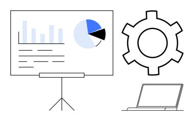 Tablo, pasta grafikleri, vites simgesi ve dizüstü bilgisayarlı grafikler. İş, analitik, teknoloji, strateji, eğitim, iş akışı ve basit iniş sayfası için ideal