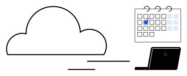 Depoyu temsil eden bulut, organizasyon tarihli takvim ve uzaktan erişim için dizüstü bilgisayar. Planlama, üretkenlik, zamanlama, teknoloji, zaman yönetimi, iş akışı dijital için ideal