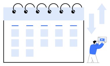 Tarih sıraları, dairesel klasörleri olan dijital planlayıcı takvimi ve video içeriği ekleyen bir kişi. Basit programlama, planlama, içerik oluşturma, üretkenlik, zaman yönetimi, organizasyon için ideal