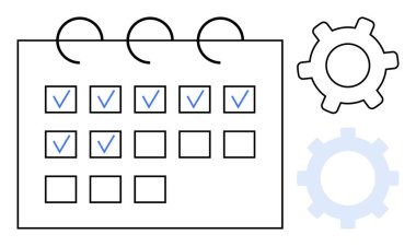 İşaretli günler ve boş boşluklarla dolu takvim, sistemlendirmeyi ve planlamayı temsil eden dişlilerle eşleştirildi. Üretkenlik, iş akışı, planlama, verimlilik, organizasyon, hedef belirleme için ideal