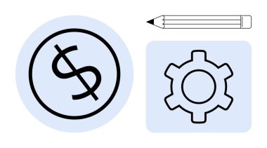 Kalem, dolar işareti, vites simgesi yaratıcılığı, mali yönetimi ve verimliliği simgeler. İş stratejisi, tasarruf, verimlilik, yenilik eğitimi için ideal basit iniş sayfası