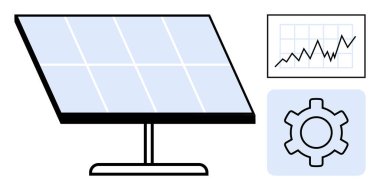 Yenilenebilir enerji üreten güneş paneli, büyüme grafiği ve dişli ikonu ile birlikte ilerleme, verimlilik ve teknolojiyi sembolize ediyor. Enerji çözümleri, yenilik ve sürdürülebilirlik için ideal