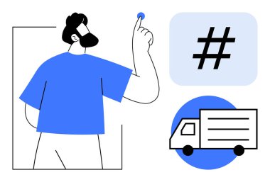 Sembolü işaret eden bir adam, mavi bir karede meta veri etiketi ve bir teslimat kamyonu. Lojistik, sosyal medya, e-ticaret, dijital etkileşim, markalaşma, konsept tasarımı için ideal