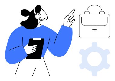 Elinde not panosu olan, evrak çantası ve vites kutusunu gösteren kulaklıklı bir kadın. İş için ideal, takım çalışması, müşteri hizmetleri, danışmanlık, liderlik, teknoloji stratejisi. Düz basit metafor