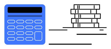 Öğrenme, bütçe, matematik ve finans arasındaki dengeyi sembolize eden doğrusal tasarım ile birlikte bir yığın kitabın yanında mavi hesap makinesi. Eğitim, muhasebe ve öğrenim için ideal