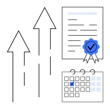 İşaretli rozetli sertifikalı bir belge, işaretli tarihli bir takvim ve başarı, sertifika, hedefler, programlama ve başarıyı simgeleyen yükselen oklar. Planlama ve üretkenlik için ideal