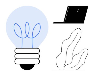 İçinde bitki bulunan ampul, minimalist dizüstü bilgisayar ve büyümeyi, sürdürülebilirliği ve yeniliği yansıtan soyut yapraklar. Teknoloji, iş dünyası, yaratıcılık, başlangıç eko-bilinç için ideal