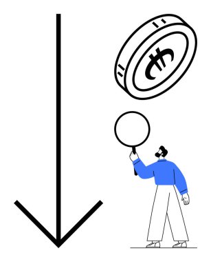 Elinde büyüteç tutan bir adam aşağı doğru ok altında büyük bir madeni para sembolünü inceliyor. Finans, yatırım, piyasa analizi, ekonomi, tasarruf, bütçe ve basit bir iniş sayfası için ideal