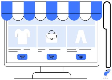 Bilgisayar ekranında vitrin brandası, ürün gömleği, çanta, pantolon, mavi alışveriş arabası düğmeleri var. E-ticaret, perakende, çevrimiçi alışveriş, girişimcilik dijital pazarlama için ideal