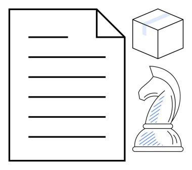 Metin satırları, kasetli bir kutu ve stratejiyi, organizasyonu, lojistiği ve taktik planlamayı sembolize eden bir satranç şövalyesi. Proje yönetimi, iş hedefleri ve karar verme süreci için ideal