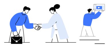 Profesyoneller el sıkışırken, diğeri de medya çalma tuşuyla tablet tutuyor. İşbirliği, takım çalışması, ortaklık, dijital pazarlama, yaratıcılık, yenilik, iş başarısı, basit