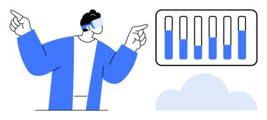 Çubuk çizelgesini analiz eden kişi görselleştirmesi teknoloji güdümlü elementlerle veri içgörülerine işaret ediyor. Analiz için ideal, veri görselleştirme, SaaS, bulut hesaplama, yapay zeka, teknoloji eğitimi, basit iniş sayfası