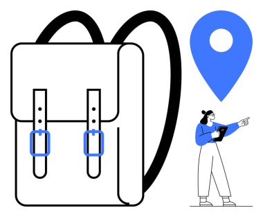 Tokalı sırt çantası, geniş lokasyon iğnesi ve işaret ederken tablet tutan kadın. Seyahat planlama, seyrüsefer, eğitim, dijital araçlar, açık hava faaliyetleri, teknoloji sade iniş için ideal