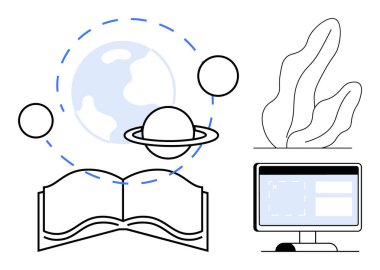 Açık bir kitap, gezegenler ve Dünya 'nın yörüngesindeki keşif ipuçları. Ekranlı masaüstü dijital öğrenme tasvir ediyor. Bilim, eğitim, öğrenme, yenilik, araştırma bilgileri için ideal basit iniş sayfası