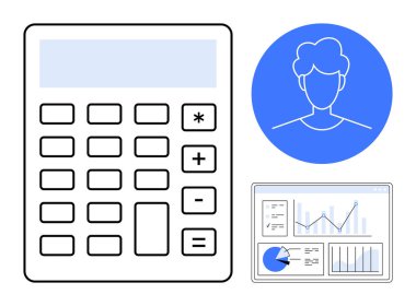 Sayısal işlevleri olan hesap makinesi, mavi olan kullanıcı profili simgesi, grafik ve grafikleri olan analitik gösterge paneli. Finans, muhasebe, veri analizi, iş raporları, eğitim ve teknoloji için ideal