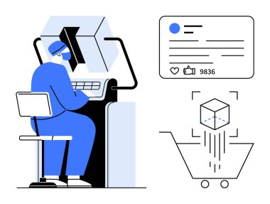 Mühendis 3D yazıcı, sosyal ilişki istatistikleri olan dijital ürün modeli ve alışveriş arabasına sanal indirme yapıyor. Teknoloji, imalat, e-ticaret ve yenilik için ideal
