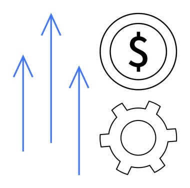 Mavi oklar yukarı doğru büyümeyi simgeler, dolar işareti finansal kazancı simgeler, ve dişliler verimliliği simgeler. İş, strateji, finans, yenilik, başarı, basit iniş sayfası için ideal