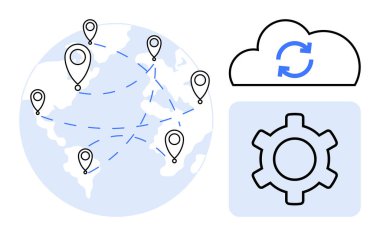 Noktalı çizgilerle birbirine bağlı olan gezegen senkronize oklarla bulut, işlevsellik için vites simgesi. Teknoloji, bağlantı, bulut hesaplama, küresel iletişim, otomasyon, veri için ideal