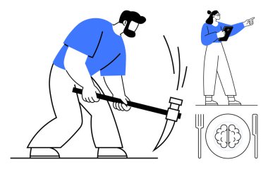 Kazma kullanan bir işçi, tabletle işaret eden bir profesyonel ve beyin çizgisi olan bir plaka. İş hayatı dengesi, karar verme, liderlik, akıl sağlığı, yenilik, strateji için idealdir.