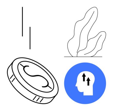 Servetin altını çizmek, soyut büyüme şekilleri, fikir ve gelişim için okları olan insan kafası. Mali planlama, iş büyümesi, ekonomik eğilimler, yaratıcılık, yenilik ve eğitim için ideal