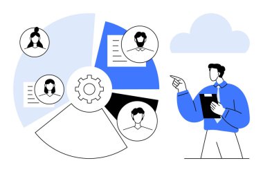 Takım profilleri, dokümanlar ve çark içeren segmentli çizelgeleri analiz eden bir iş adamı işbirliği ve verimlilik öneriyor. Takım çalışması, üretkenlik, iletişim, liderlik için ideal