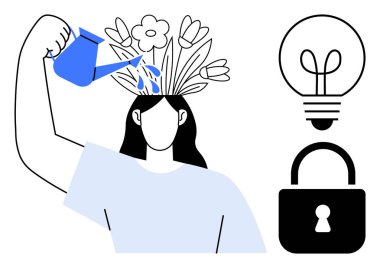 Başlarından çiçek açan insanlar, fikirleri ve yaratıcılığı sembolize ederler. Yakındaki ampul yeniliği simgeler ve kapalı kilit güvenliği simgeler. Büyüme, yaratıcılık ve yenilik için ideal