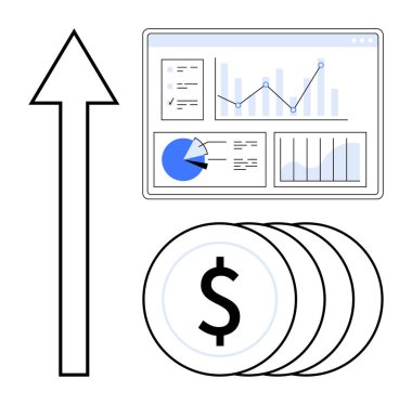 Ok, bozuk para ve analitik çizelgelerin yanında yukarı doğru uzanıyor. İş, büyüme stratejisi, yatırım, finans, analitik, pazarlama, basit iniş sayfası için ideal