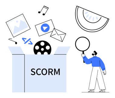 SCORM kutusunu aç. Medya, müzik, e-posta ve objektifleri inceleyen bir kod adamı serbest bırak. E- öğrenim, içerik yönetimi, analitik, eğitim ve eğitim için idealdir basit iniş araçları