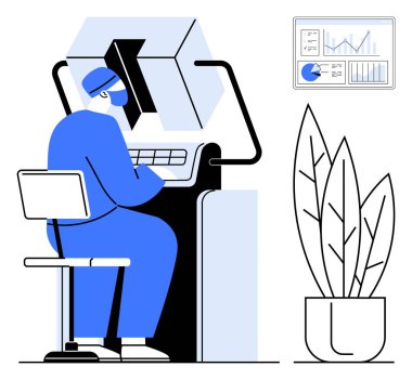 Ergonomik kurulum işçisi dijital veri tablolarını inceliyor. Teknoloji, yenilik, verimlilik, veri analizi, ofis kültürü, uzaktan çalışma ve basit iniş sayfası için ideal