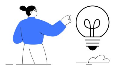 Yaratıcılığı ve yeniliği sembolize eden büyük bir ampule doğru bireysel hareketler. Beyin fırtınası, problem çözme, eğitim, takım çalışması, yenilik, girişimler, konsept geliştirme için ideal