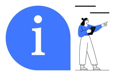 Elinde tablet tutan ve işaret eden bir kadın büyük mavi bir bilgi işaretinin yakınında. İletişim, rehberlik, yardım masası, destek, eğitim, navigasyon için ideal, basit iniş sayfası