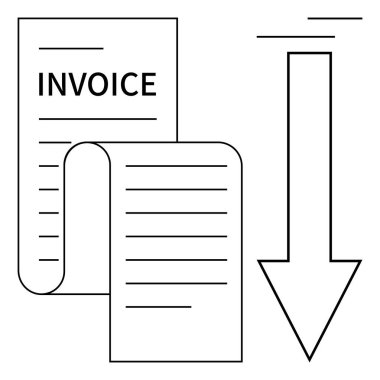 Kağıt faturası, metin ile rulo ve indirmeyi veya ödemeyi gösteren kalın aşağı ok ile. Fatura, muhasebe, ecommerce, işlem, finans, fatura yönetimi ve dijital süreçler için ideal. Düz