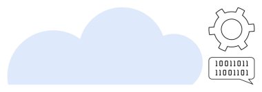Mavi bulut şekli, ikili kod konuşma balonu ve dişli sembolü. Teknoloji, yenilik, bulut hesaplama, dijital dönüşüm, veri depolama, sistem entegrasyonu, basit iniş sayfası için ideal