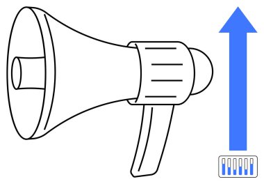 Yükselen ok ve hacim göstergesi ile megafon pazarlamayı, promosyonu, büyümeyi, liderliği, geri bildirimi, güçlendirmeyi sembolize ediyor. İletişim stratejileri, takım çatışması, basit iniş sayfası için ideal.