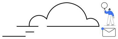 İçinde balon tutan bir kişinin bulunduğu bulut çizgisi. Uyarı noktalı e-posta sembolü. İletişim, ağ oluşturma, bulut depolama, veri paylaşımı, teknoloji, minimalizm, basit iniş sayfası için ideal