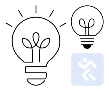 Işıldayan çizgilerle parlayan ampul, daha küçük bir ampul ve çalışan figür hatları. Yenilik, yaratıcılık, enerji, problem çözme, üretkenlik beyin fırtınası motivasyonu için idealdir. Düz basit