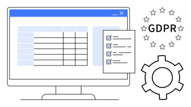 Veri tablosu, kontrol listesi, GDPR metin ve dişli simgesi ile gizlilik, uyum ve düzenlemeyi temsil eden masaüstü ekranı. Veri koruması, bilişim hizmetleri, siber güvenlik, politika hukuki danışmanlık için ideal