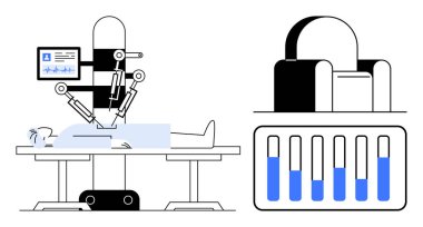 Steril ortamda hastayı ameliyat eden robotik cerrahi kol, tıbbi izleme ekranı, test tüpü örnekleri. Sağlık hizmetleri için ideal, yapay zeka, ameliyat, yenilik, teknoloji, otomasyon sade iniş
