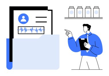 İçinde kalp atışı çizelgesi olan bir dosyayı aç. Elinde dosyalara yönelik pano jestleri tutan bir iş adamı. Sağlık, kayıt tutma, analiz, teşhis, yönetim, belgelendirme için ideal