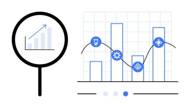 Çizgi çizelgesinde simgeler olan çubuk grafiğinin yanında yükselen veri eğilimine odaklanan büyüteç. Analiz, iş, büyüme, pazar araştırması, istatistik, tahmin, basit iniş sayfası için ideal