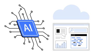 Bir bulut ve veri arayüzüne bağlı devre çizgileri olan yapay zeka çipi çizelgeler, metin ve arama elemanlarını gösteriyor. Teknoloji, yenilik, bulut hesaplama, yapay zeka, büyük veri, analitik için ideal