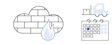 Alev duvarı güvenliğini simgeleyen tuğla bulutu lojistiği sembolize eden teslimat kamyonu ve planlama tarihli takvim. Siber güvenlik, lojistik, programlama, teslimat için ideal