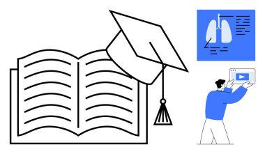 Mezuniyet şapkası bilgisini simgeleyen açık bir kitap video tabanlı e-öğrenme ve anatomi diyagramı kullanan bir kişi. Eğitim, çevrimiçi kurslar, bilimsel araştırma, eğitim, sağlık hizmetleri için ideal