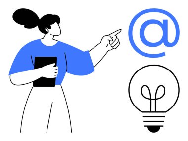 Elinde e-posta ve ampul sembollerini gösteren tablet tutan kadın iletişimi, fikir üretimini sembolize ediyor. Takım çalışması, yaratıcılık, yenilik, pazarlama, dijital bağlantı, eğitim için ideal
