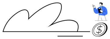 Bulut tasarımı, profesyonel tutuş panosu ve işaret eden, dolar parasıyla eşleştirilmiş. Teknoloji, finans, bulut hesaplama, iş, analitik, yatırım, soyut düz metafor için ideal