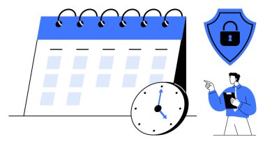 Takvim, saat, asma kilitli kalkan ve pano tutan kişi zaman yönetimi, güvenlik, programlar ve organizasyonu vurguluyor. Üretkenlik için ideal, gizlilik planlama siber güvenlik ekibi