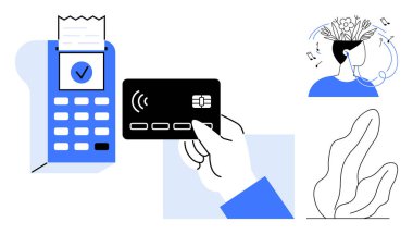 Ödeme terminalinin yanında bir kredi kartı tutuyor, fatura yazdırıyor. Çiçekli ve fikirli soyut zihin, bitki süslemesi. Fintech, teknoloji, yaratıcılık, yenilik, modern yaşam tarzı için ideal