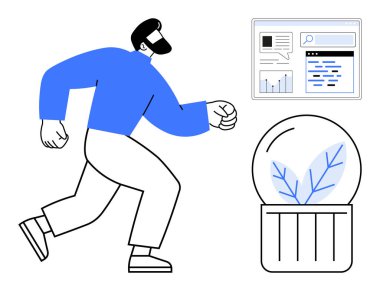 Amaçlı yürüyen adam, grafikli dijital veri ekranı ve arama çubuğu, şeffaf kubbeye yerleştirilmiş bitki. Teknoloji, yenilik, analitik, sürdürülebilirlik, çevre ve gelişim için ideal