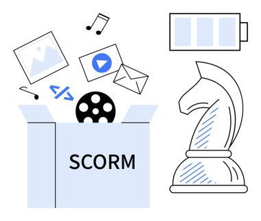 Disk simgelerinin yer aldığı SCORM etiketli açık kutu, video, görüntü, müzik ve posta ile birlikte bir batarya ve satranç şövalyesini de onaylıyor. E-öğrenim, içerik yönetimi, dijital strateji, gamifikasyon için ideal